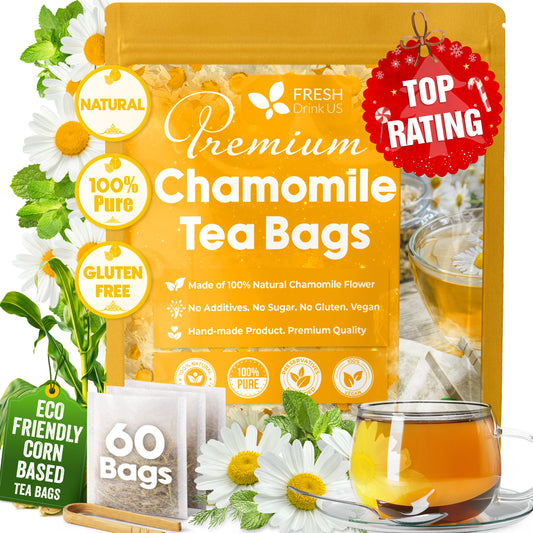 FreshDrinkUS chamomile tea bags in a box, natural herbal tea with chamomile flowers for soothing, caffeine-free tea.
