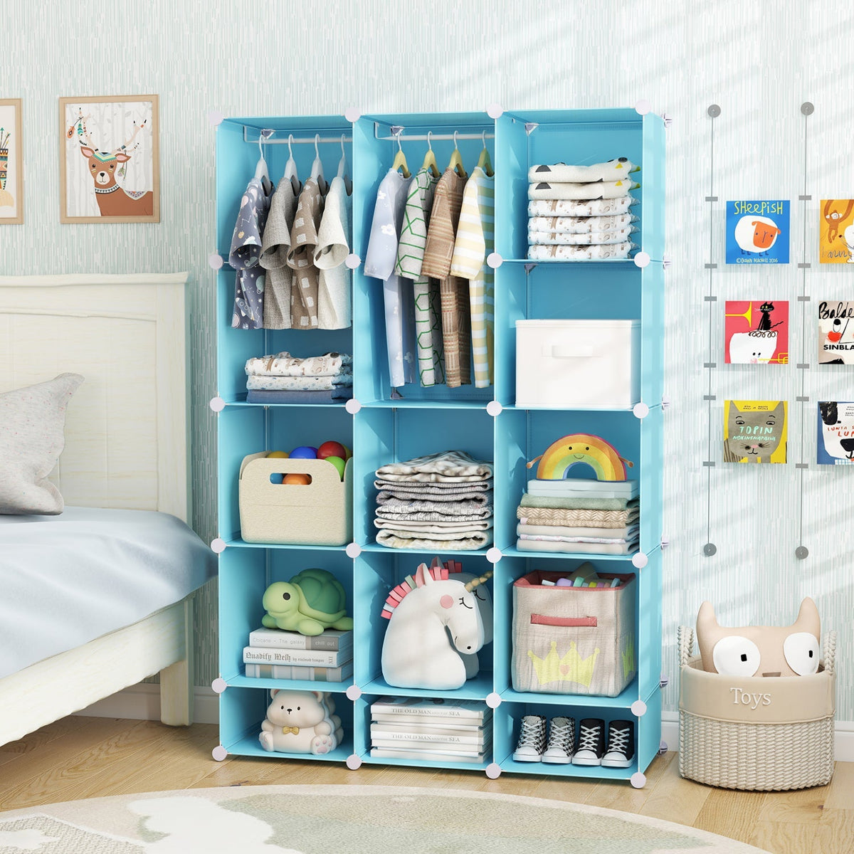 Colorful 13-cube modular kids wardrobe with hanging rod and shelves, designed for organized children's storage by GBruno Store