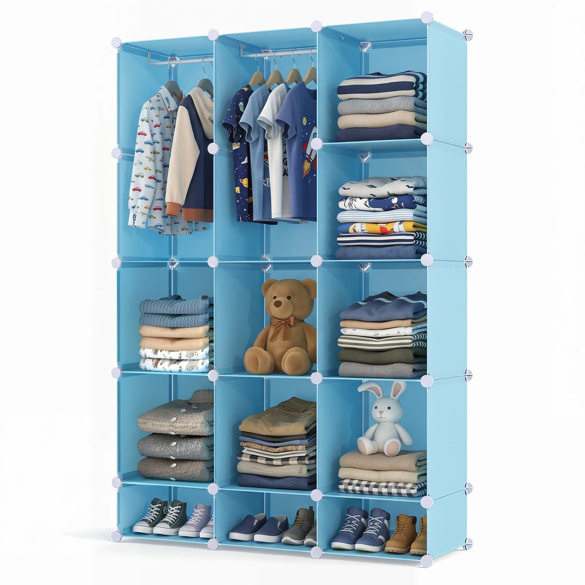 Colorful 13-cube modular kids wardrobe with hanging rod and shelves, designed for children's storage by GBruno Store.