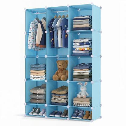 Colorful 13-cube modular kids wardrobe with hanging rod and shelves, ideal for children's storage and organization.