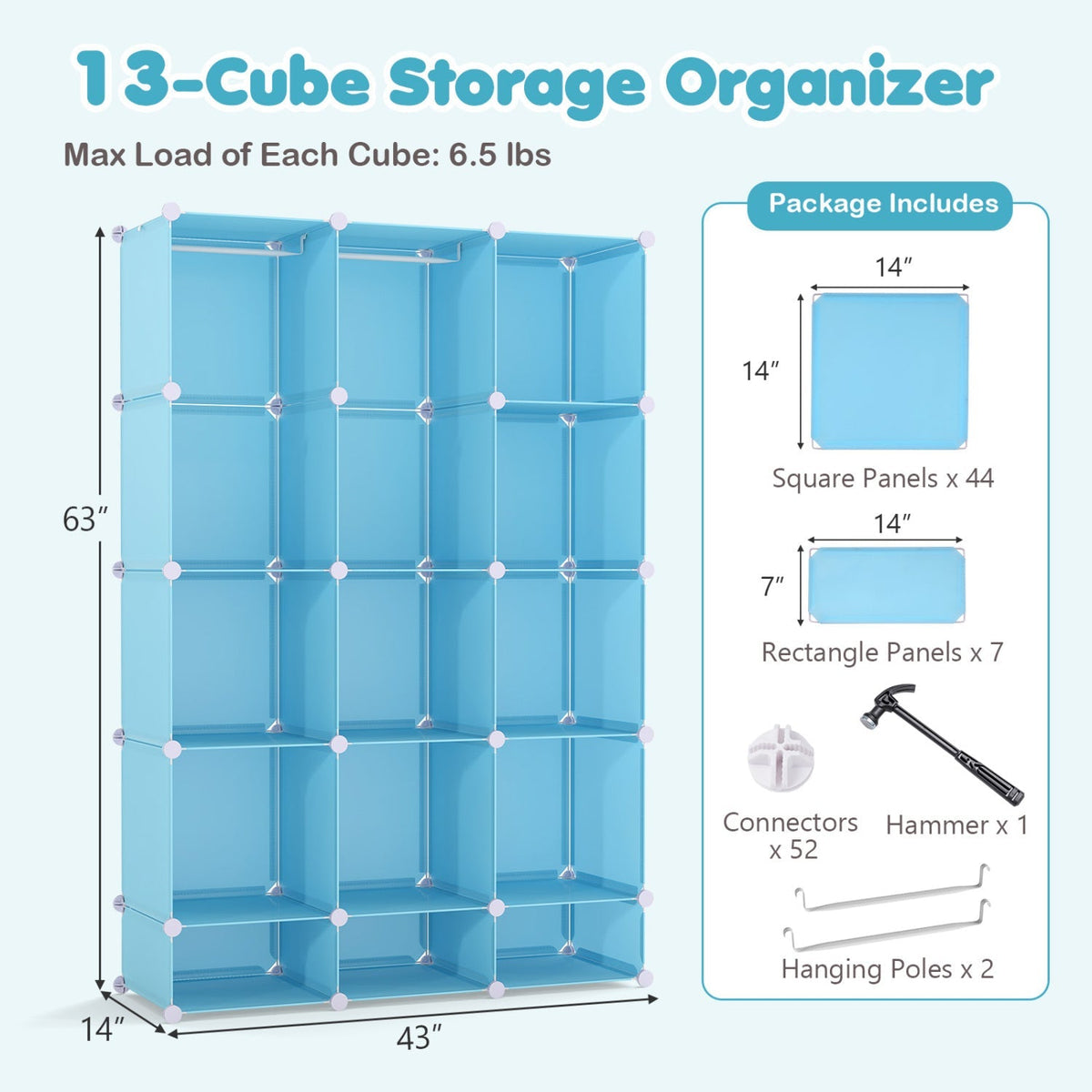 GBruno Store 13-cube modular kids wardrobe with hanging rod and shelves, made of sturdy storage units for children's room organization.