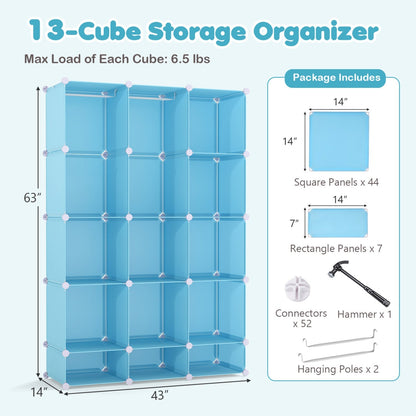 GBruno Store 13-cube modular kids wardrobe with hanging rod and shelves, made of sturdy storage units for children's room organization.