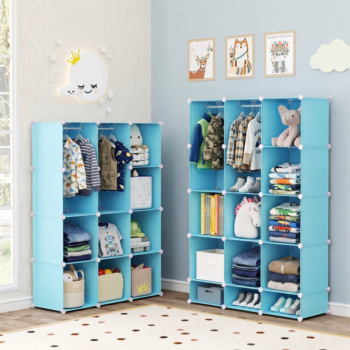 Colorful 13-cube kids wardrobe by GBruno Store with hanging rod and shelves, designed for organized children's storage.