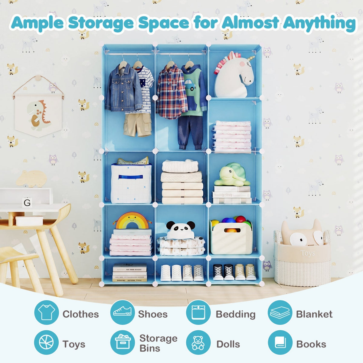 13-cube modular kids wardrobe by GBruno Store with hanging rod and shelves for organized children's storage.