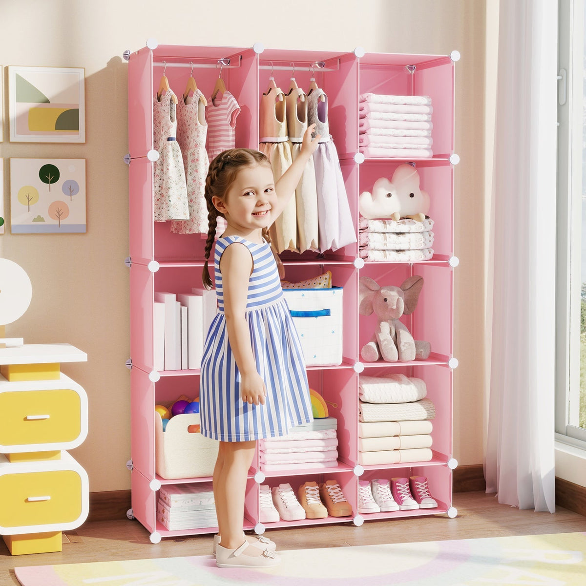 Colorful 13-cube modular kids wardrobe by GBruno Store with hanging rod and shelves for organized children's clothing storage.