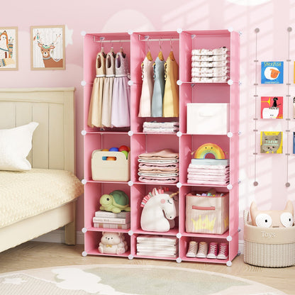 13-cube modular kids wardrobe with hanging rod and shelves, showing colorful storage cubes and organized interior for children's clothing.