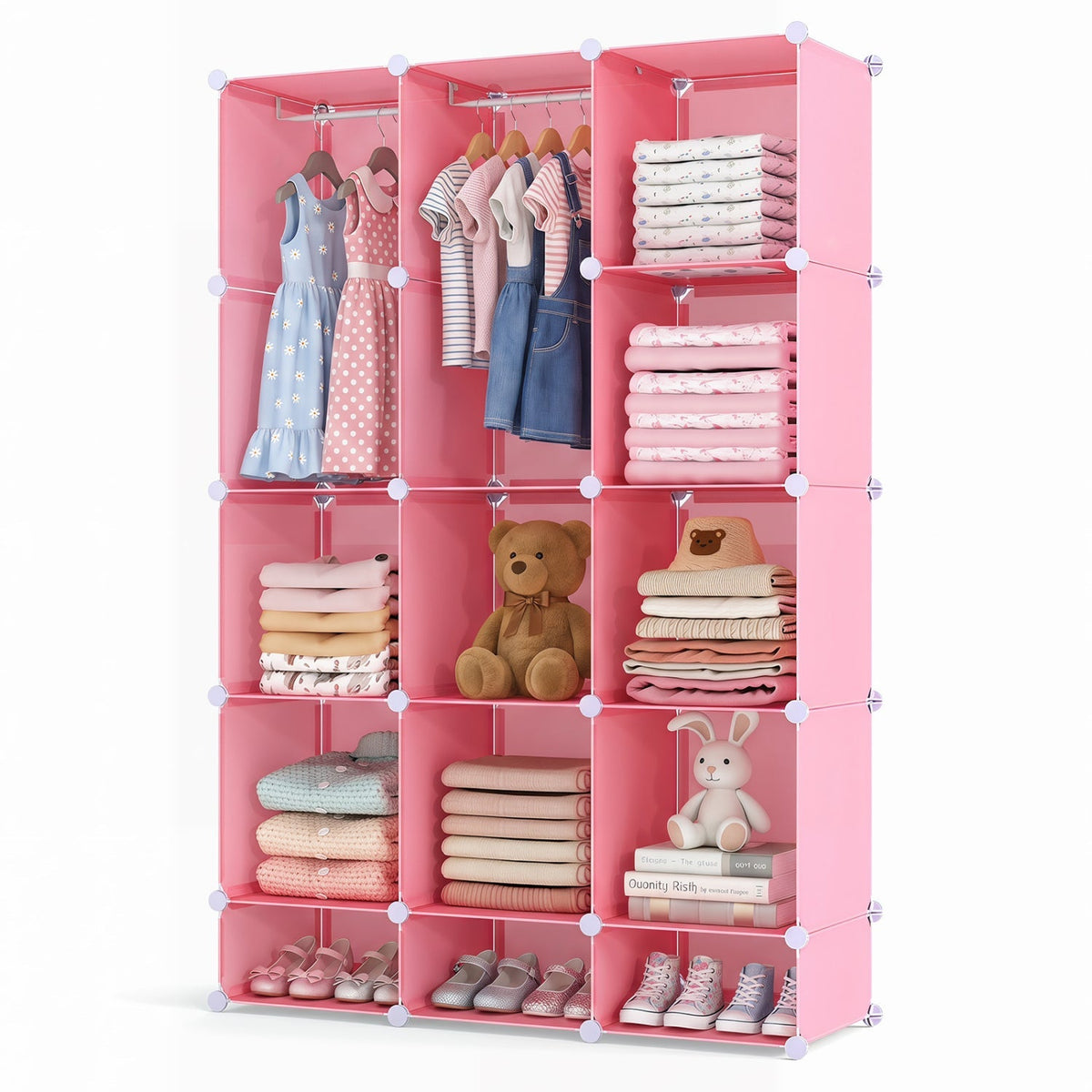 Kids storage wardrobe with 13 colorful cubes, hanging rod, and shelves, designed for children's bedrooms by GBruno Store.