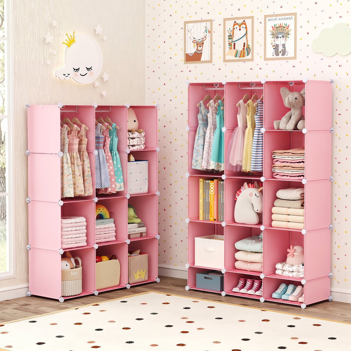 GBruno Store 13-cube modular kids wardrobe with hanging rod and shelves, ideal for children's storage and organization.