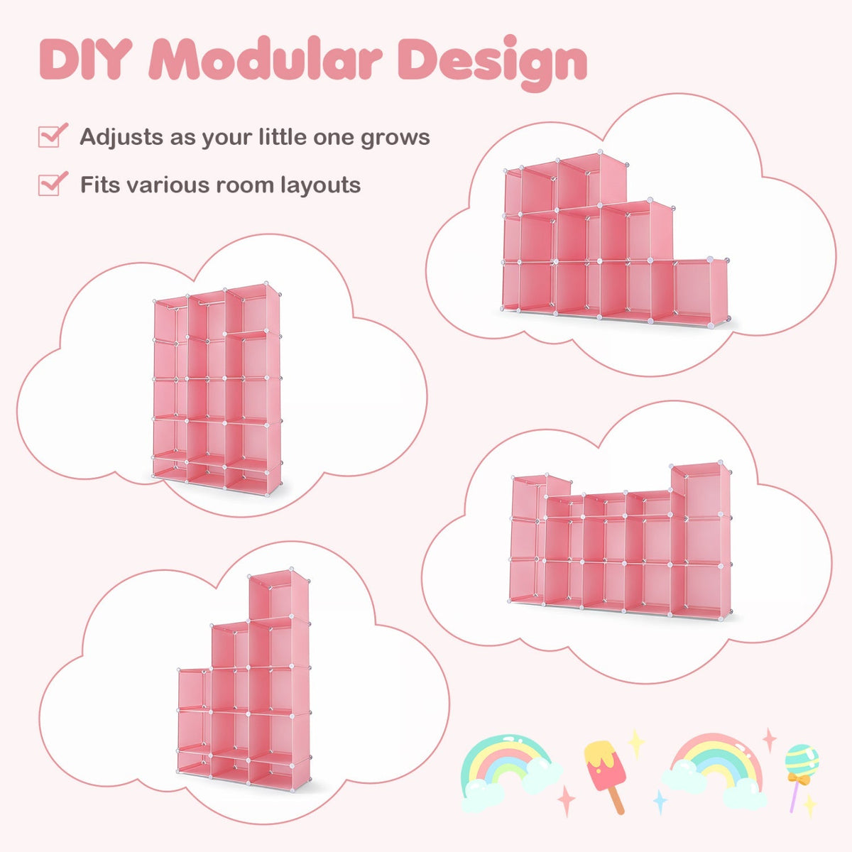 13-cube modular kids wardrobe from GBruno Store with hanging rod and shelves, ideal for children's storage and organization.