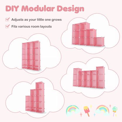 Colorful 13-cube modular kids wardrobe with hanging rod and shelves, designed for children's storage by GBruno Store.