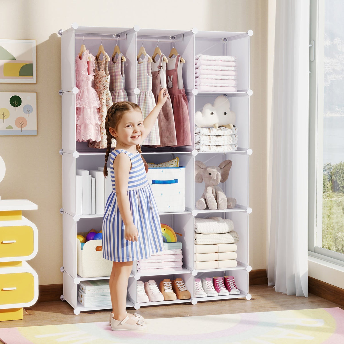 13-cube modular kids wardrobe from GBruno Store with hanging rod and shelves for versatile children’s storage.