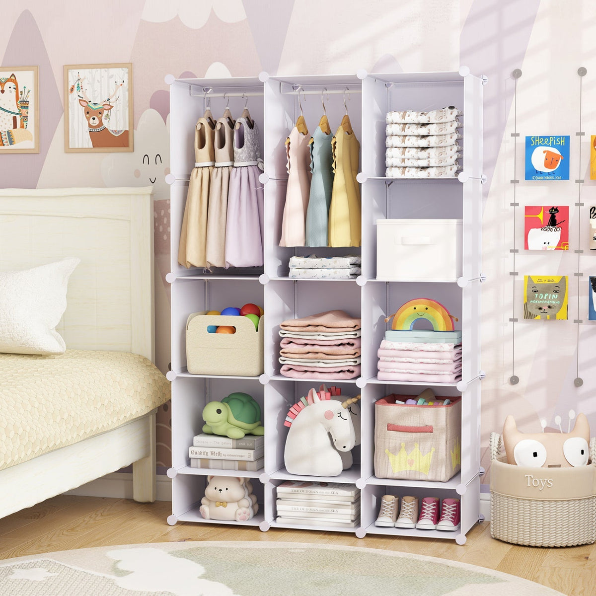 GBruno Store 13-cube modular kids wardrobe with hanging rod and shelves for organized children's clothing storage.