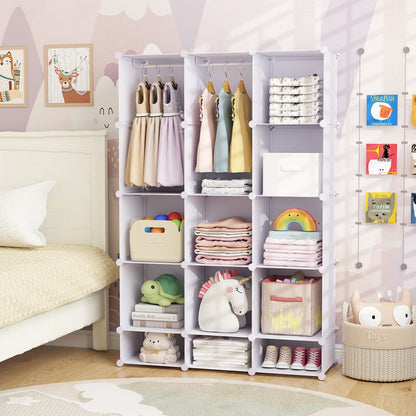 GBruno Store 13-cube modular kids wardrobe with hanging rod and shelves for organized children's clothing storage.