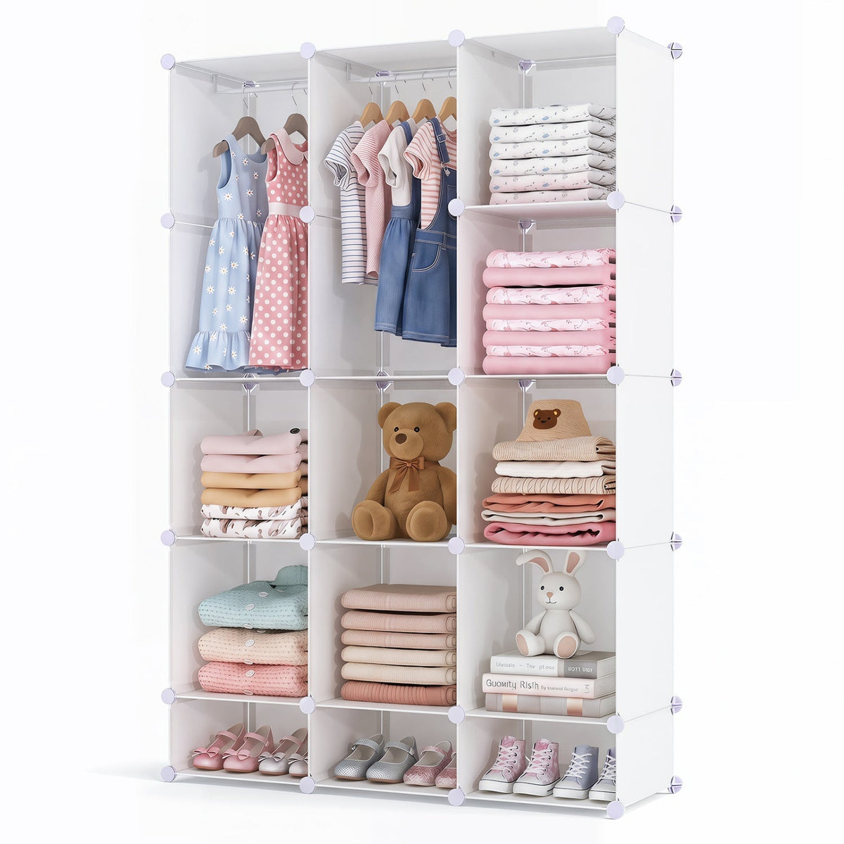 GBruno Store 13-cube kids wardrobe with hanging rod and shelves for organized kids' storage in a bright room setting.