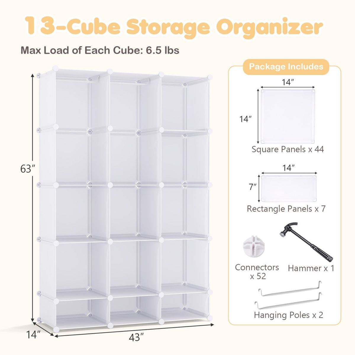 13-cube modular kids wardrobe by GBruno Store with hanging rod and shelves, featuring colorful storage cubes for children's organization.