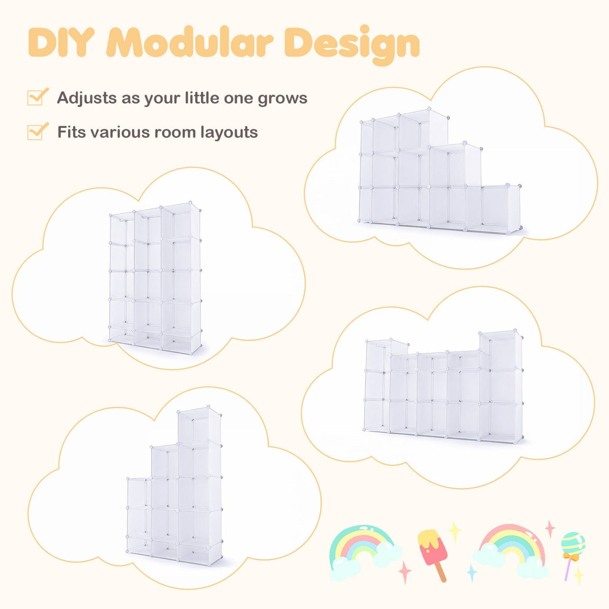 13-cube modular kids wardrobe from GBruno Store with hanging rod and shelves, ideal for children's storage and organization.
