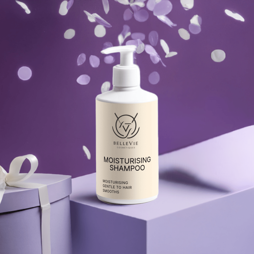 Belleviecosmetic moisturizing shampoo bottle, 300ml, with gentle hydrating formula for fresh, glossy hair.