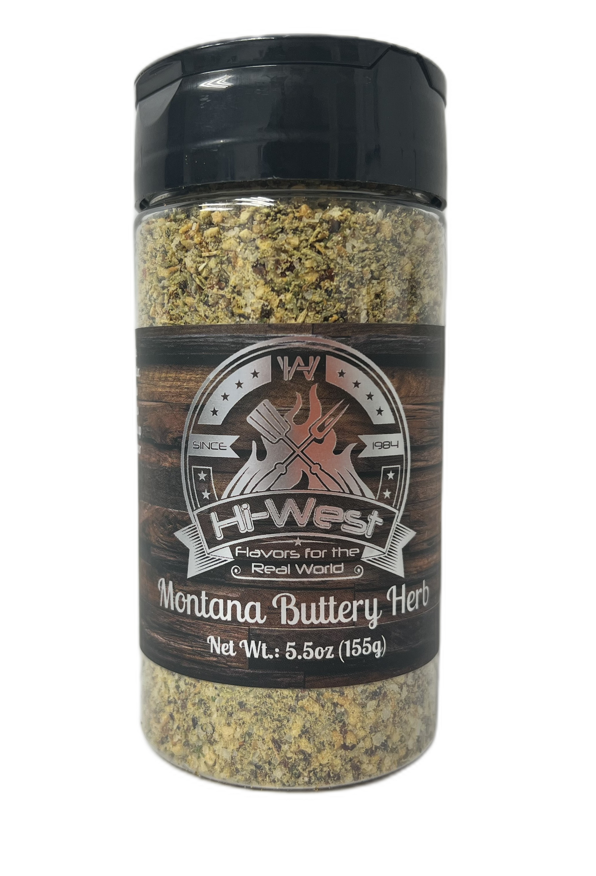 Front view of Hi-West Montana Buttery Herb Seasoning jar, a blend of herbs and spices in a clear container.