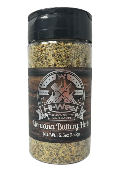 Front view of Hi-West Montana Buttery Herb Seasoning jar, a blend of herbs and spices in a clear container.
