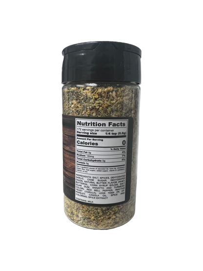 Hi-West Montana Buttery Herb Seasoning in a jar, showing label with product name and nutritional information.