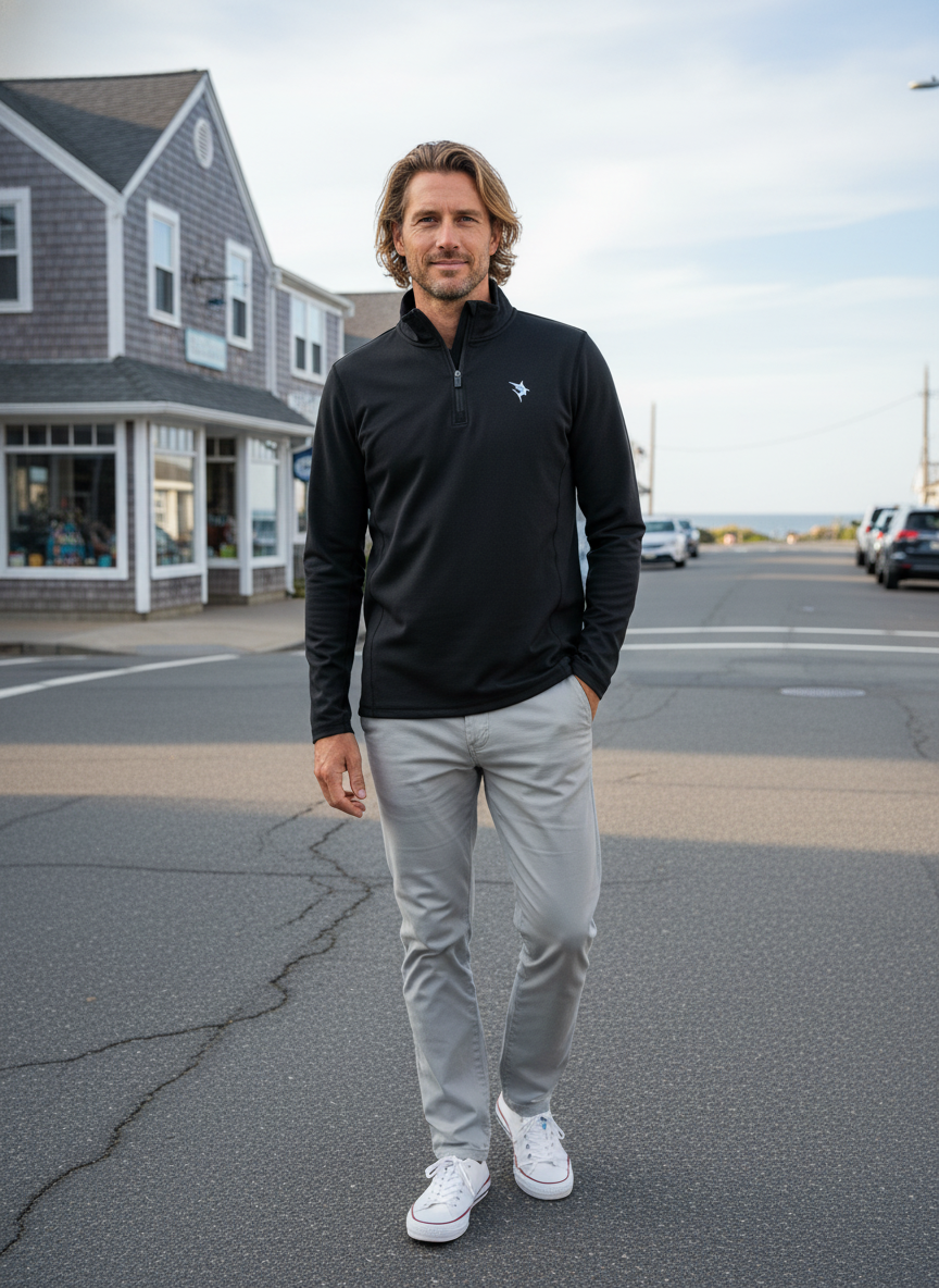 Black White Water Life Montauk quarter zip midweight comfort jacket, shown in a close-up image highlighting the fabric and design details.