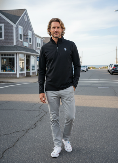 Black White Water Life Montauk quarter zip midweight comfort jacket, shown in a close-up image highlighting the fabric and design details.