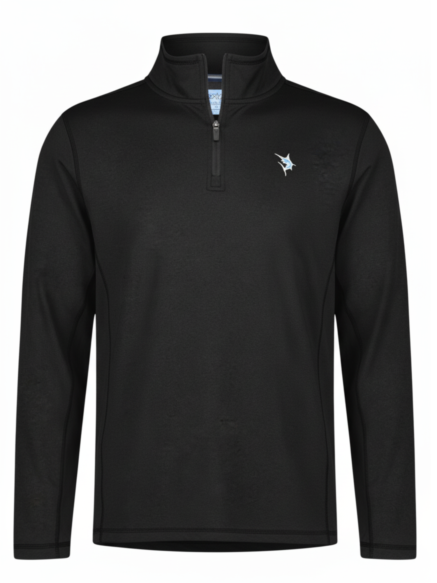 Black Montauk quarter zip from White Water Life, made of midweight comfort fabric, with a high collar and zip closure.