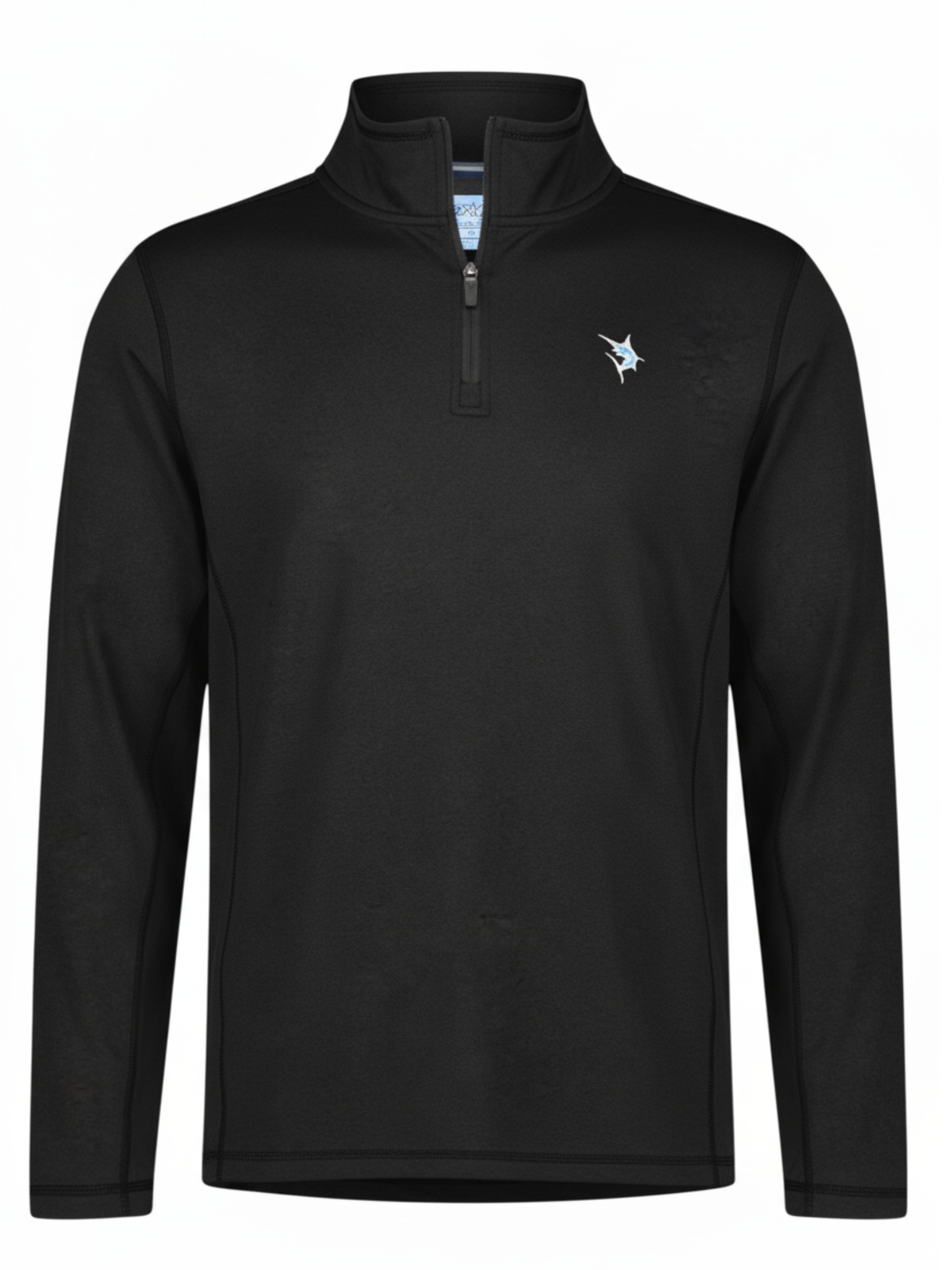 Black Montauk quarter zip from White Water Life, made of midweight comfort fabric, with a high collar and zip closure.