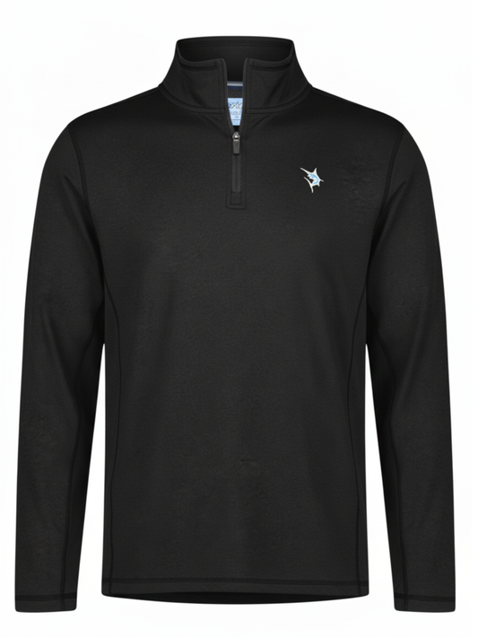 Black Montauk quarter zip from White Water Life, made of midweight comfort fabric, with a high collar and zip closure.