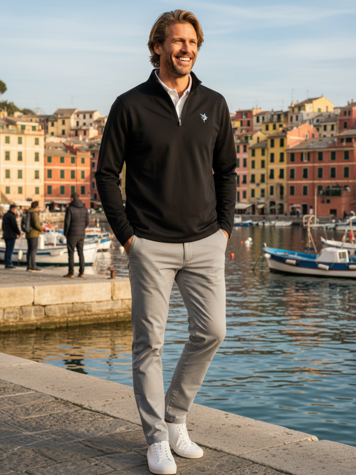 Black White Water Life Montauk quarter zip midweight comfort shirt displayed on a hanger, showcasing its soft fabric and classic design.