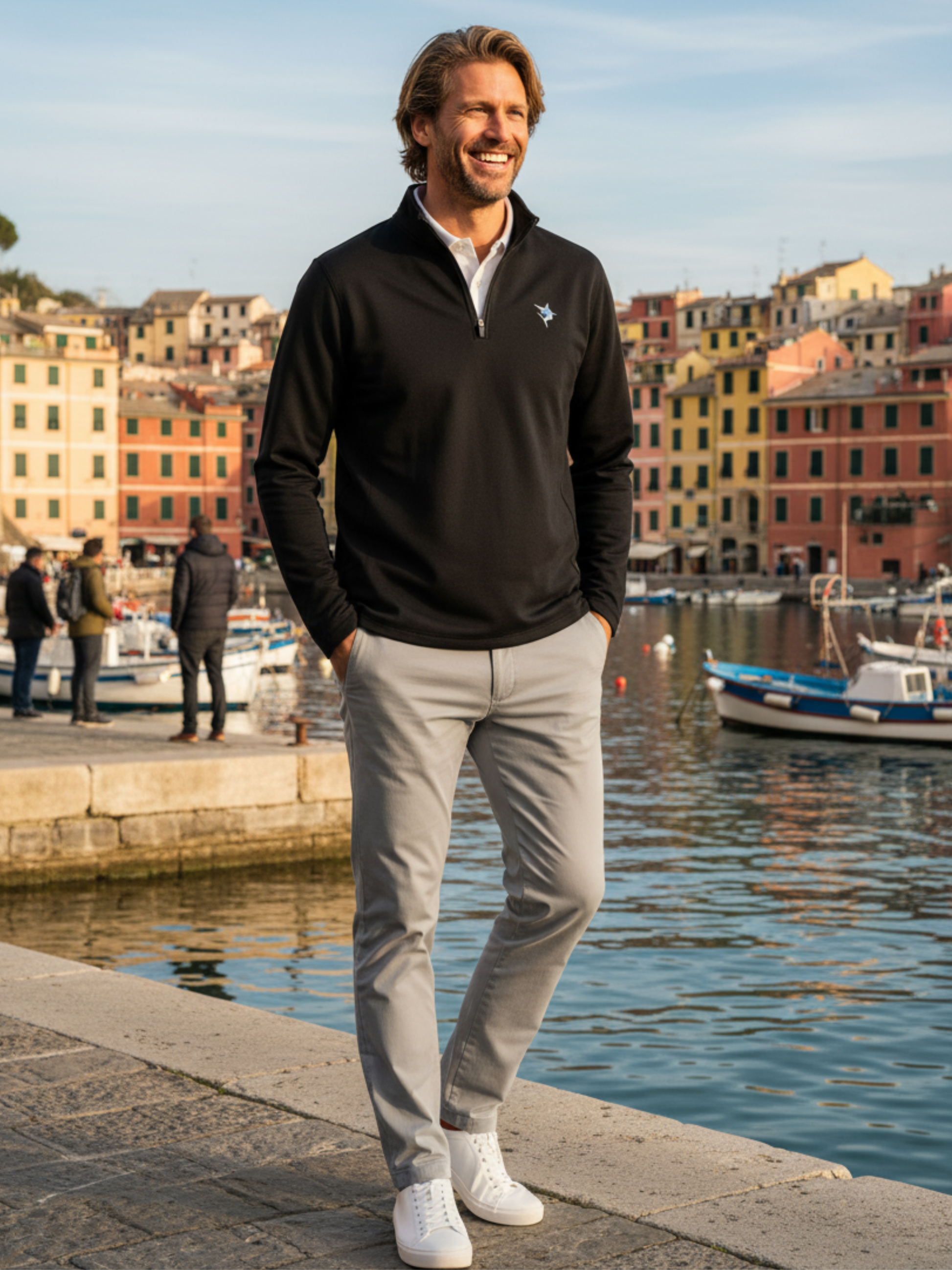 Black White Water Life Montauk quarter zip midweight comfort shirt displayed on a hanger, showcasing its soft fabric and classic design.