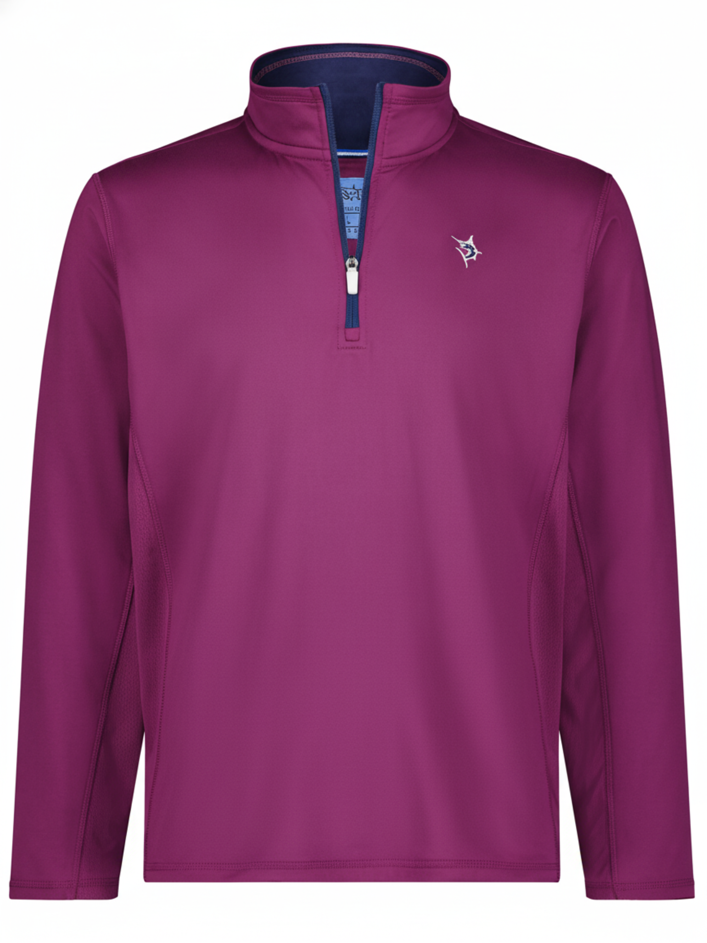 White Water Life Montauk quarter zip in plum, midweight comfort, with a close-up view of the zip and fabric texture.