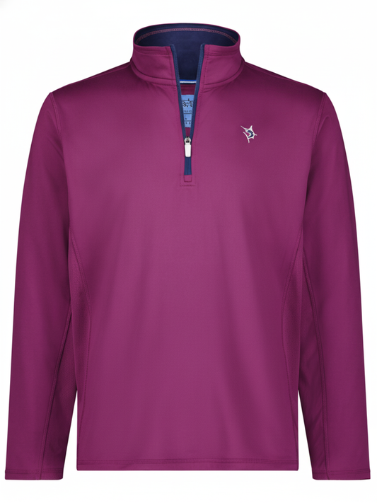 White Water Life Montauk quarter zip in plum, midweight comfort, with a close-up view of the zip and fabric texture.