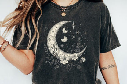Men's printed T-shirt by Spun Bamboo featuring moons, stars, boho flowers, and vintage graphic design on bamboo cotton fabric.