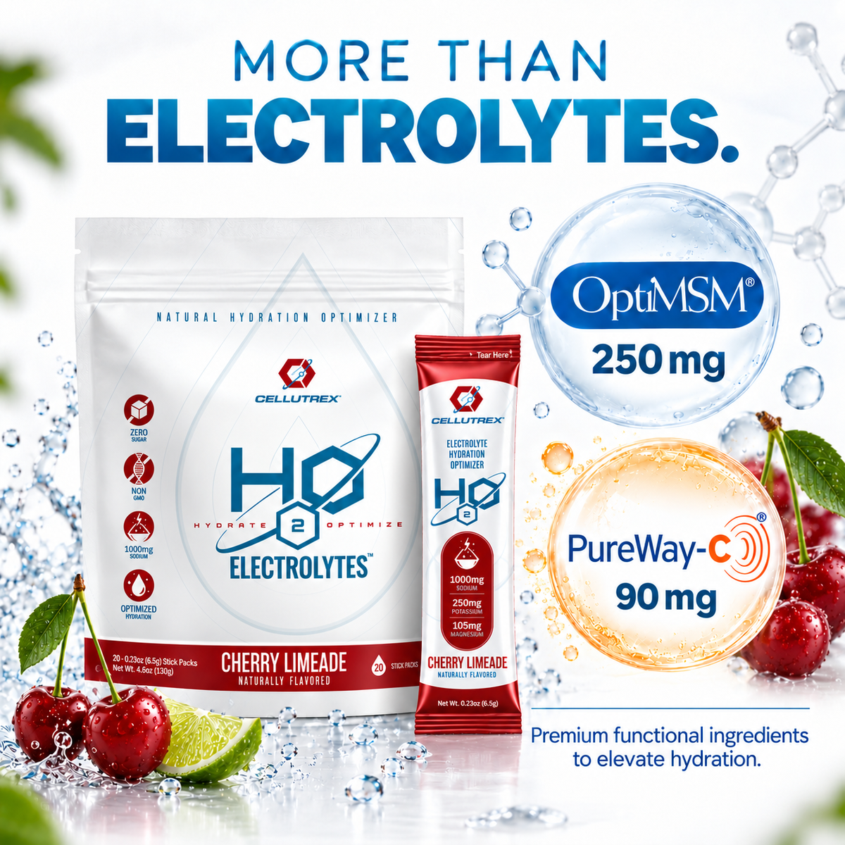 Cellutrex H2O Electrolytes Cherry Limeade electrolyte powder in a container, zero sugar formula, vitamin and supplement product.