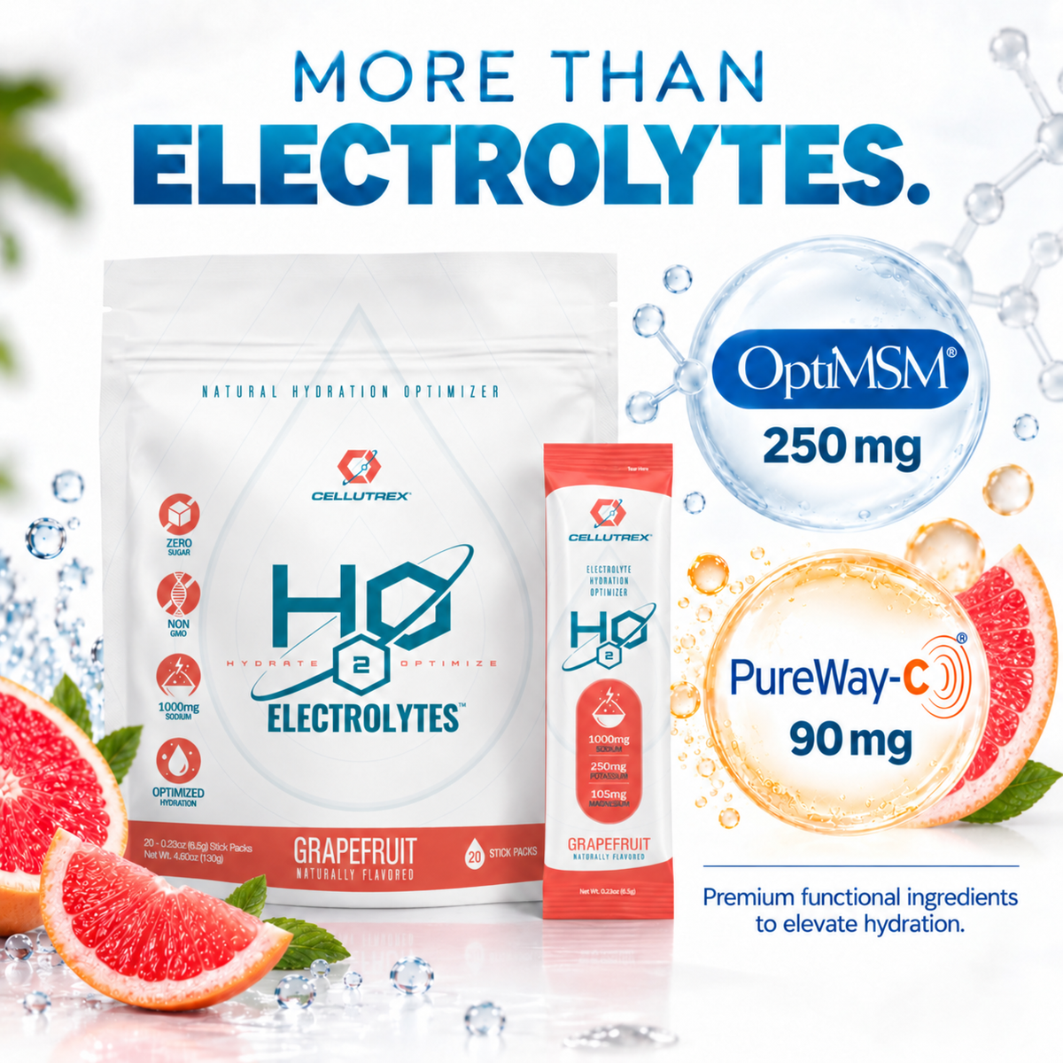 Cellutrex H2O ELECTROLYTES™ grapefruit flavor electrolyte powder, zero sugar, in a container with grapefruit slices.