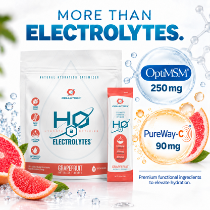 Cellutrex H2O ELECTROLYTES™ grapefruit flavor electrolyte powder, zero sugar, in a container with grapefruit slices.