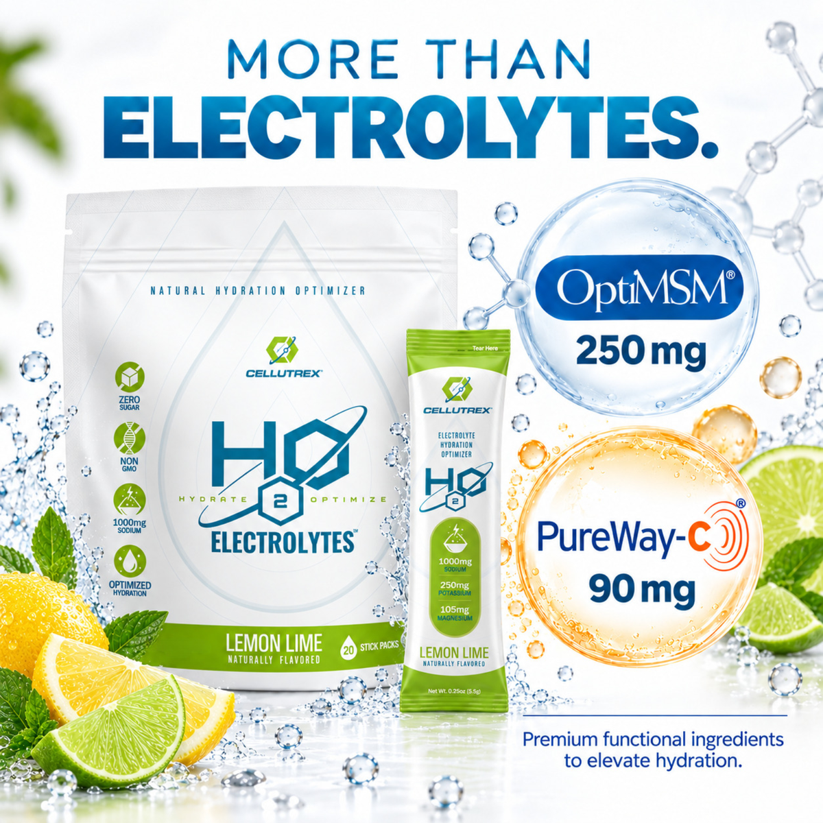 Cellutrex H2O ELECTROLYTES Lemon Lime electrolyte powder packet with zero sugar, vitamins, and supplements for hydration.