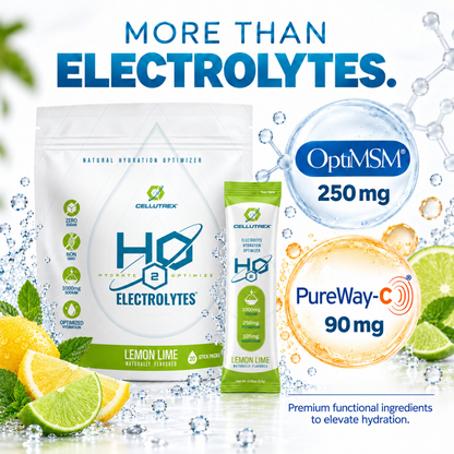 Cellutrex H2O ELECTROLYTES Lemon Lime electrolyte powder packet with zero sugar, vitamins, and supplements for hydration.