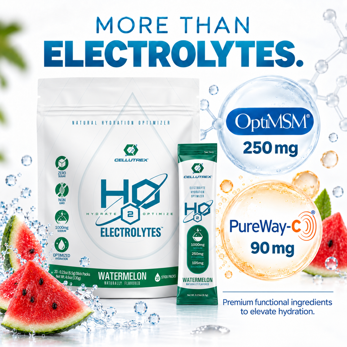 Cellutrex H2O ELECTROLYTES™ Watermelon electrolyte powder in a container, showing vibrant watermelon flavor packaging.