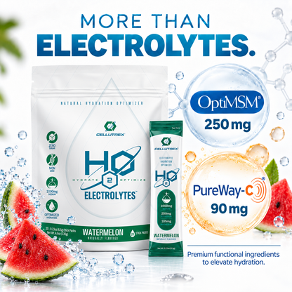 Cellutrex H2O ELECTROLYTES™ Watermelon electrolyte powder in a container, showing vibrant watermelon flavor packaging.
