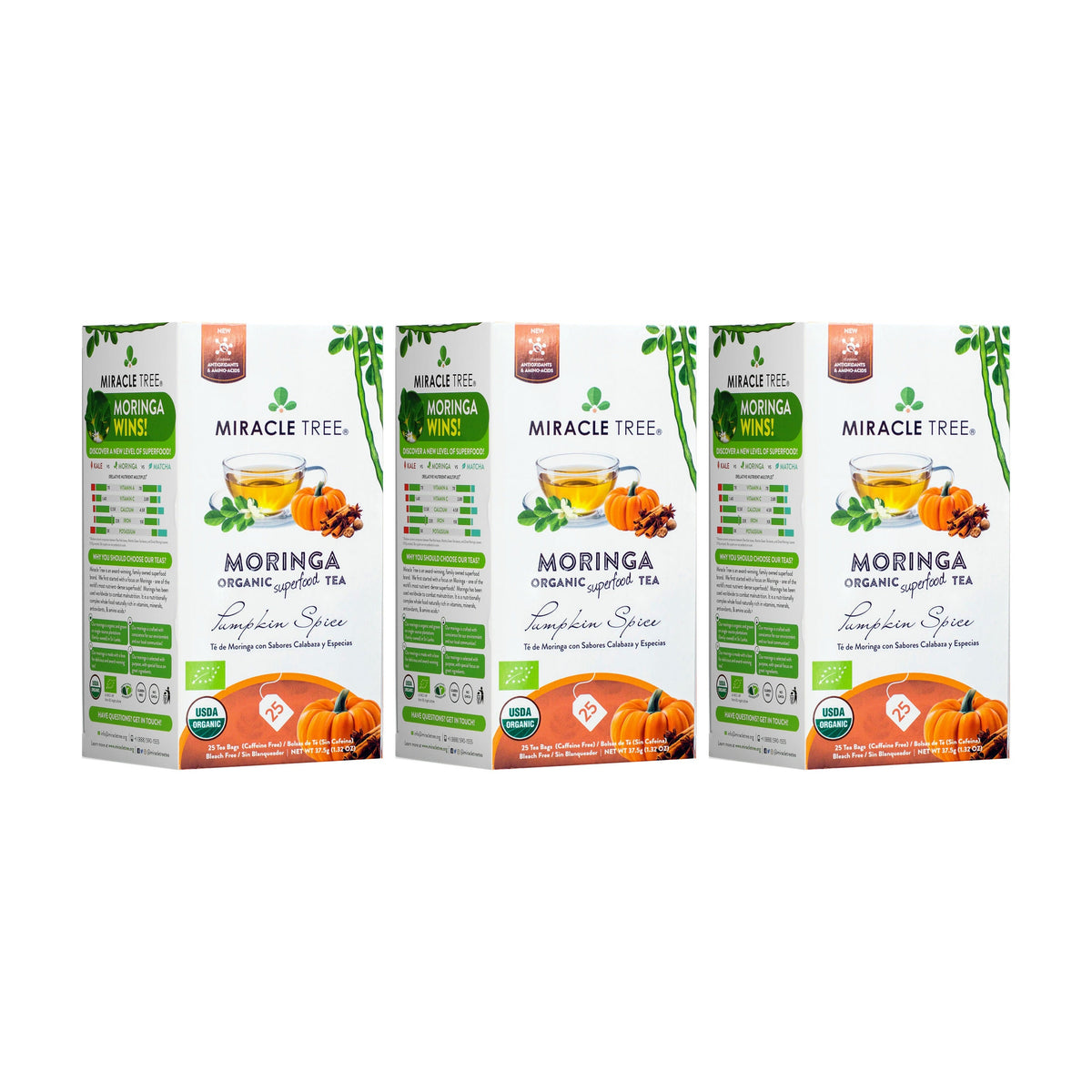 Organic Moringa Tea by Miracle Tree featuring pumpkin spice flavor, caffeine-free herbal tea with fresh moringa leaves and warm spices.
