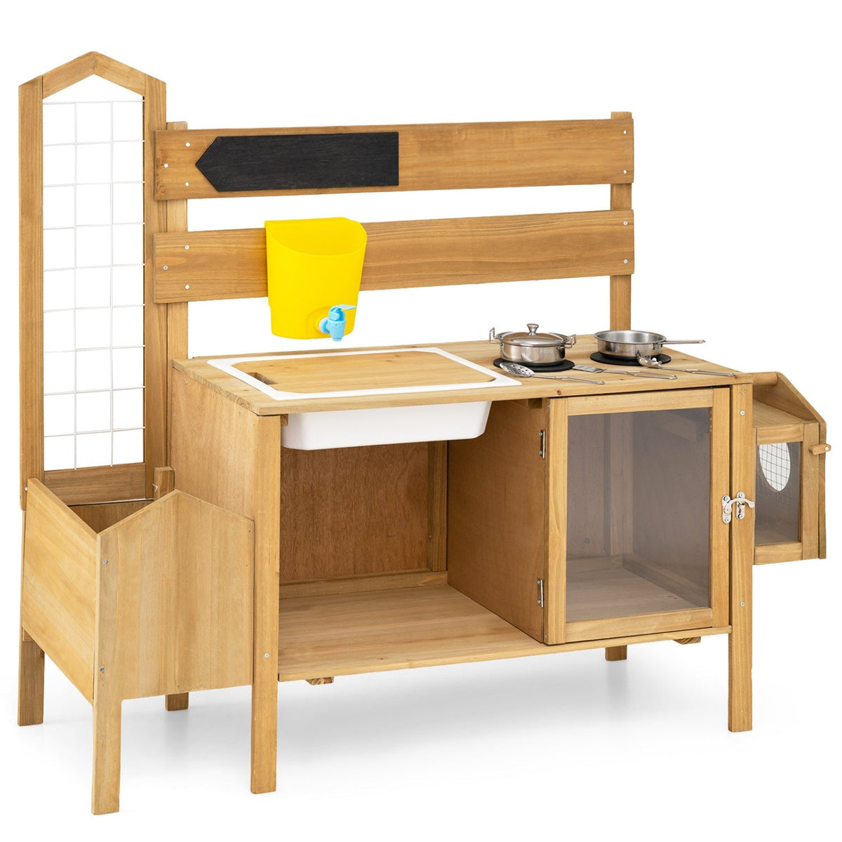 Wooden mud kitchen for kids with a detachable bird cage, GBruno Store play kitchen for outdoor pretend cooking and playtime.