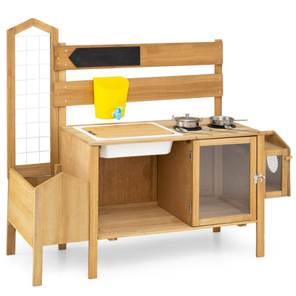 Wooden mud kitchen for kids with a detachable bird cage, GBruno Store play kitchen for outdoor pretend cooking and playtime.