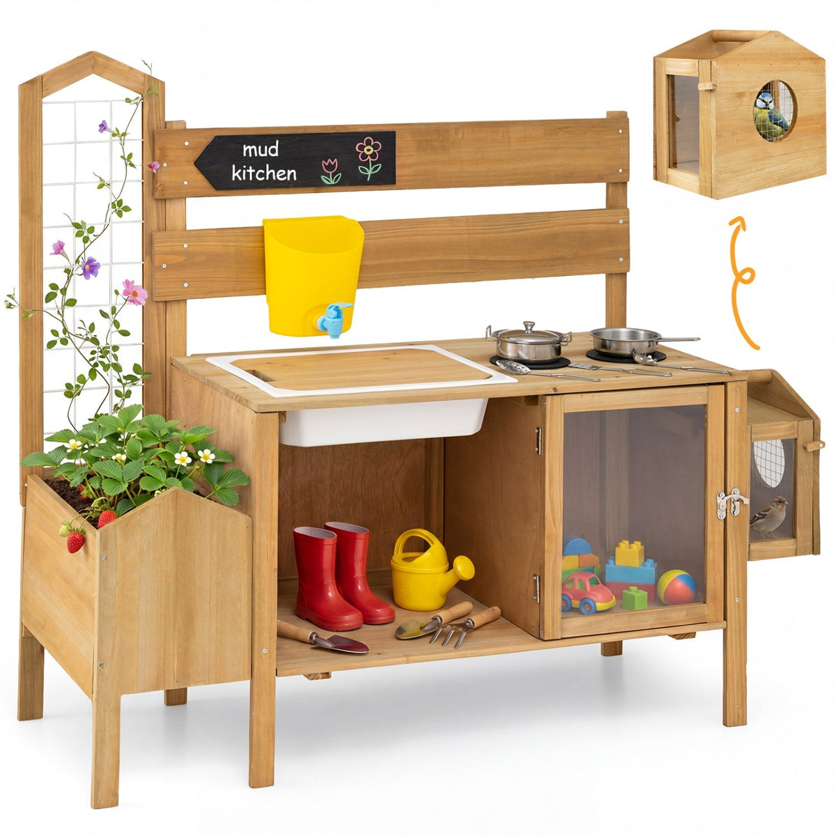 Wooden mud kitchen for kids with a detachable bird cage, play kitchen set by GBruno Store, includes utensils and colorful accessories.