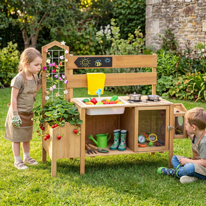 Wooden mud kitchen for kids with a detachable bird cage, play kitchen set for outdoor imaginative play by GBruno Store