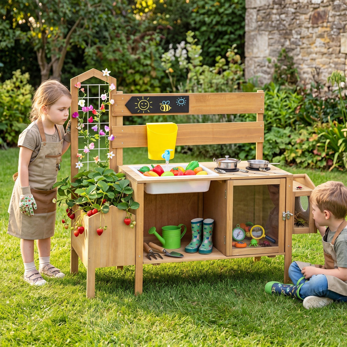 Wooden mud kitchen for kids with a detachable bird cage, colorful play kitchen set for outdoor imaginative play.