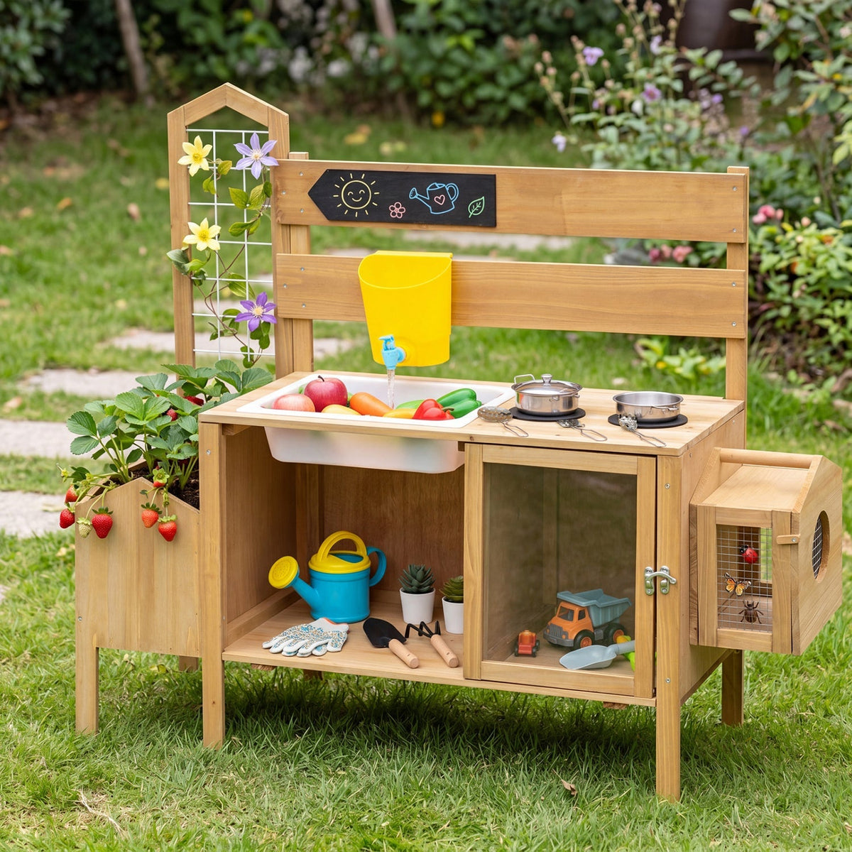 Wooden mud kitchen for kids with a detachable bird cage, durable play kitchen from GBruno Store, ideal for outdoor imaginative play