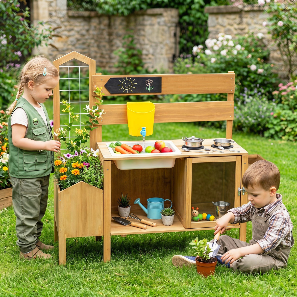 Wooden mud kitchen for kids with a detachable bird cage, outdoor play kitchen by GBruno Store showing a colorful playset with utensils.