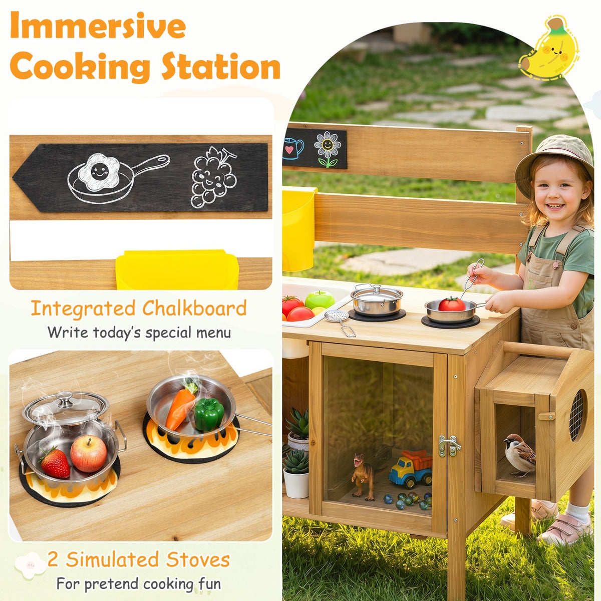 Wooden mud kitchen for kids with a detachable bird cage, featuring colorful play utensils and a rustic design for outdoor fun.